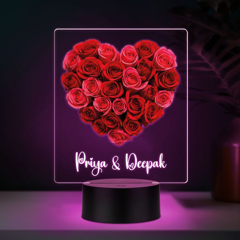 Personalized Name LED Night Light, Rose Heart Design Color Changing Light with Black Base Gift for Valentines Day & Rose Day Gift for Couples
